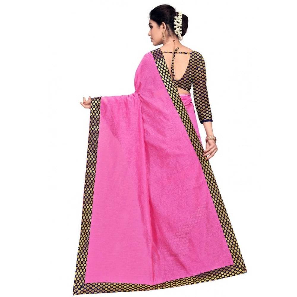 Generic Women's Chanderi Cotton Lace Border Saree With Blouse (Pink, 5-6 Mtrs) - MYLUXURY LANE ENTERPRISE