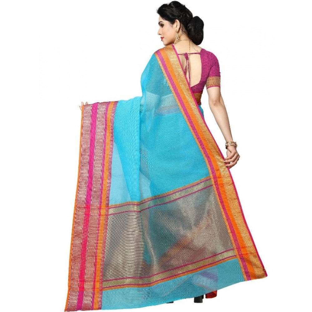 Generic Women's Kota Doria Cotton Border Saree With Blouse (Sky Blue, 5-6 Mtrs) - MYLUXURY LANE ENTERPRISE