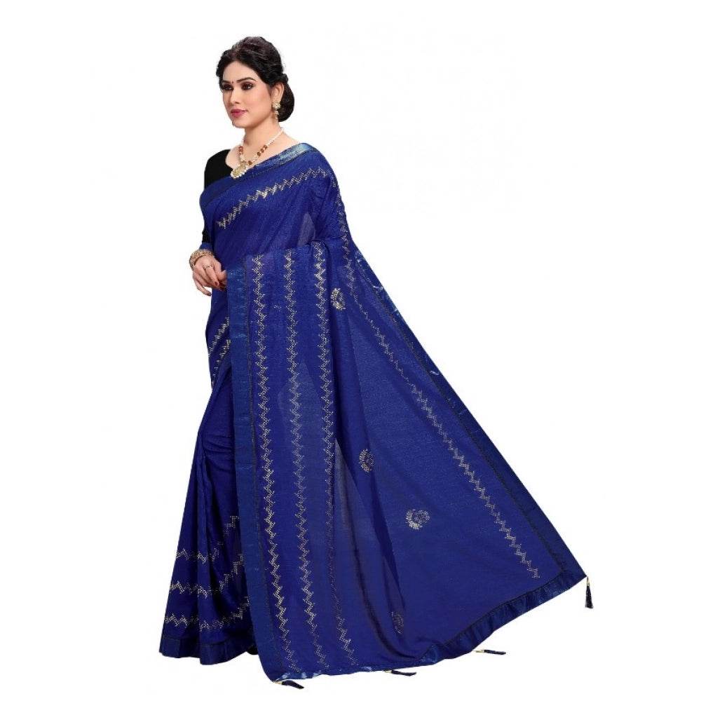 Generic Women's Vichitra Silk HotFix Stone Work Saree With Blouse (Blue, 5-6 Mtrs) - MYLUXURY LANE ENTERPRISE