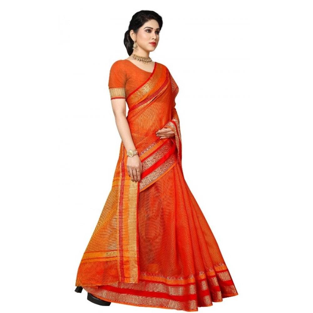 Generic Women's Kota Doria Cotton Border Saree With Blouse (Orange, 5-6 Mtrs) - MYLUXURY LANE ENTERPRISE