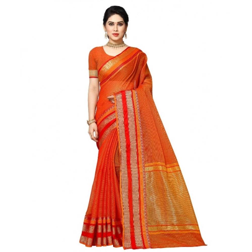 Generic Women's Kota Doria Cotton Border Saree With Blouse (Orange, 5-6 Mtrs) - MYLUXURY LANE ENTERPRISE