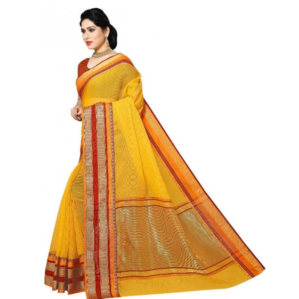Generic Women's Kota Doria Cotton Border Saree With Blouse (Yellow, 5-6 Mtrs) - MYLUXURY LANE ENTERPRISE