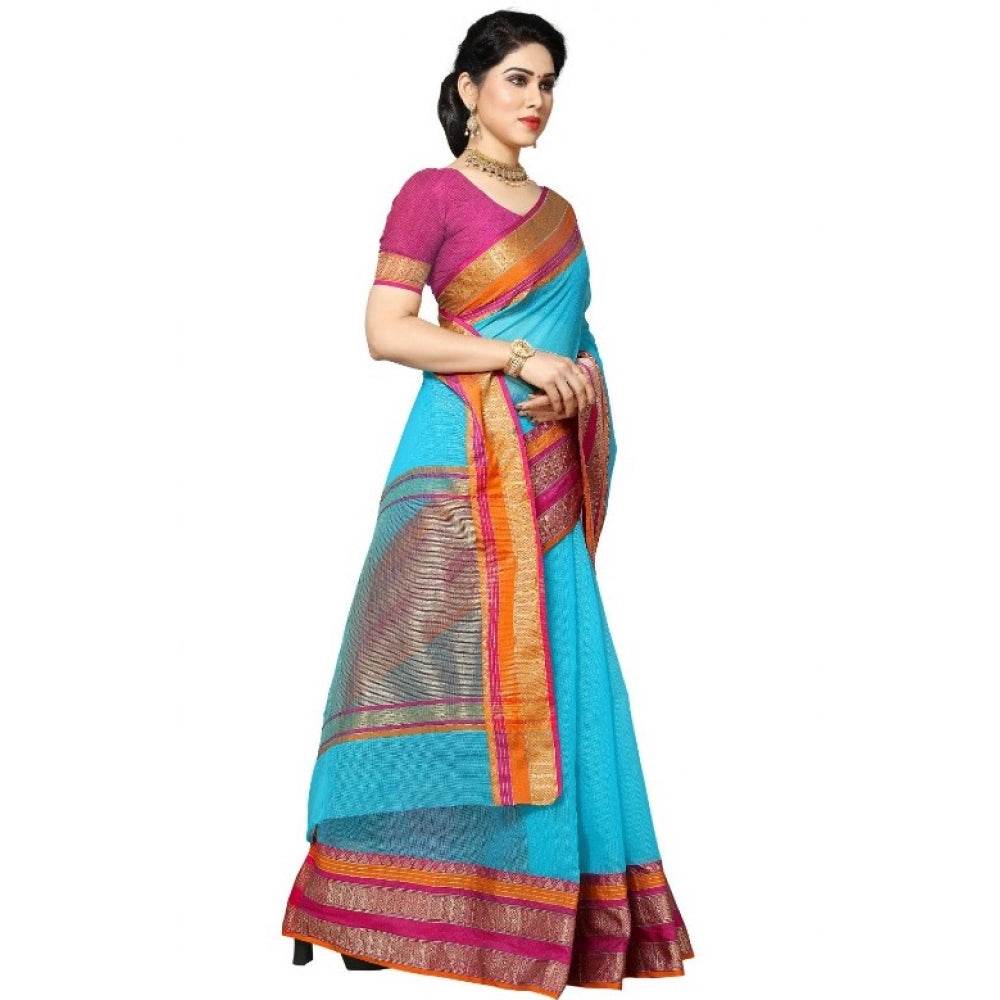 Generic Women's Kota Doria Cotton Border Saree With Blouse (Sky Blue, 5-6 Mtrs) - MYLUXURY LANE ENTERPRISE