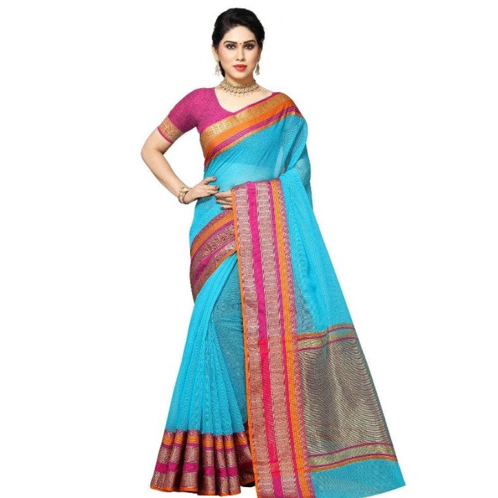 Generic Women's Kota Doria Cotton Border Saree With Blouse (Sky Blue, 5-6 Mtrs) - MYLUXURY LANE ENTERPRISE