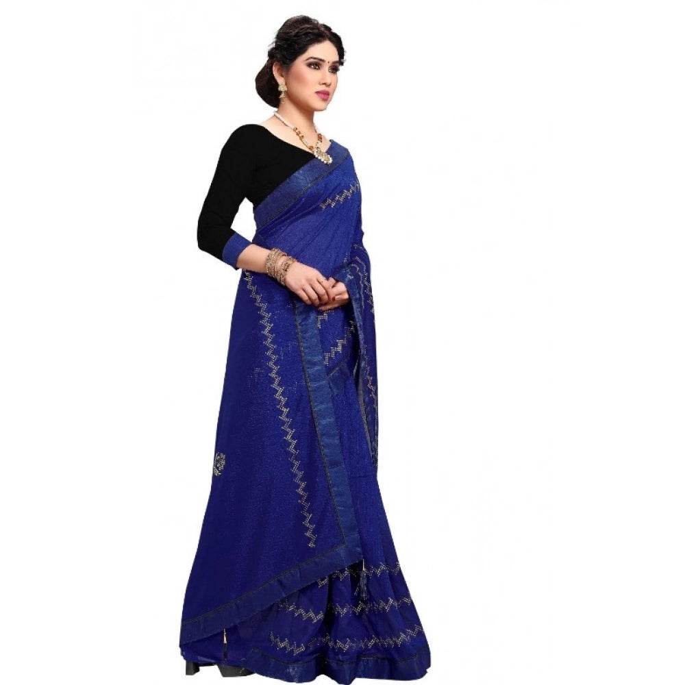 Generic Women's Vichitra Silk HotFix Stone Work Saree With Blouse (Blue, 5-6 Mtrs) - MYLUXURY LANE ENTERPRISE