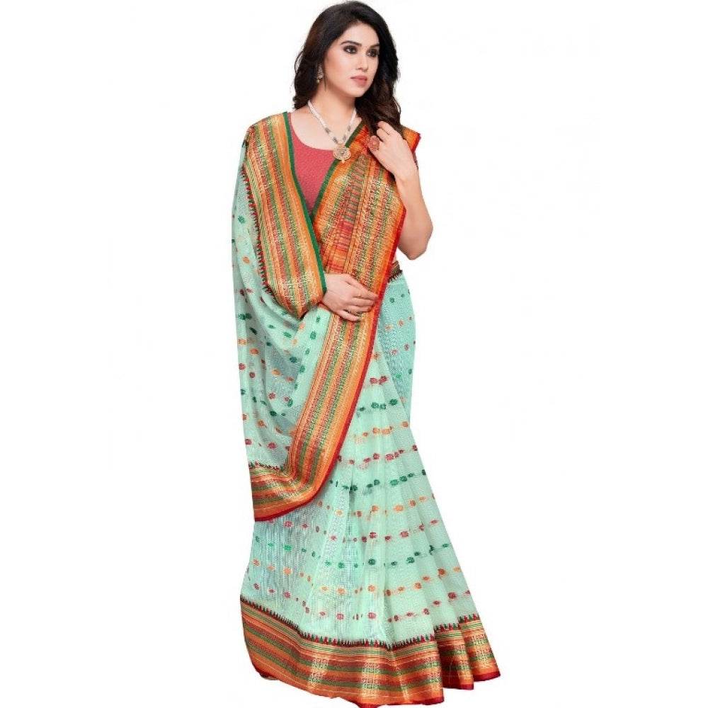 Generic Women's Kota Doria Cotton Woven Butta Saree With Blouse (Pista, 5-6 Mtrs) - MYLUXURY LANE ENTERPRISE