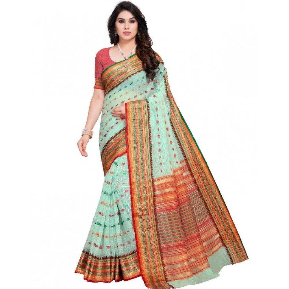 Generic Women's Kota Doria Cotton Woven Butta Saree With Blouse (Pista, 5-6 Mtrs) - MYLUXURY LANE ENTERPRISE