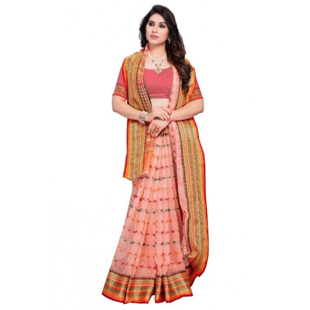 Generic Women's Kota Doria Cotton Woven Butta Saree With Blouse (Peach, 5-6 Mtrs) - MYLUXURY LANE ENTERPRISE