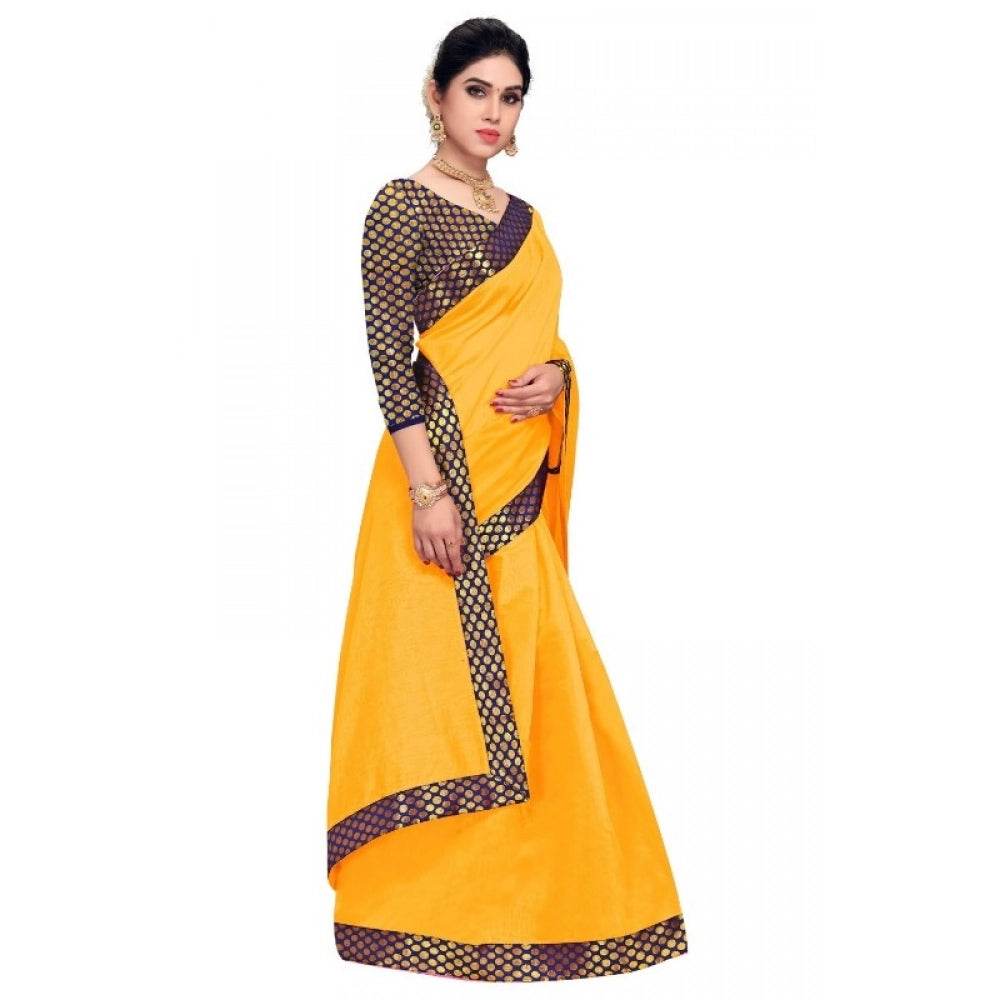 Generic Women's Chanderi Cotton Lace Border Saree With Blouse (Gold, 5-6 Mtrs) - MYLUXURY LANE ENTERPRISE