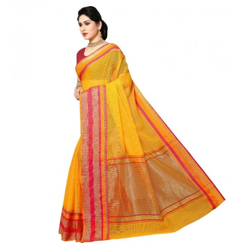 Generic Women's Kota Doria Cotton Border Saree With Blouse (Gold, 5-6 Mtrs) - MYLUXURY LANE ENTERPRISE