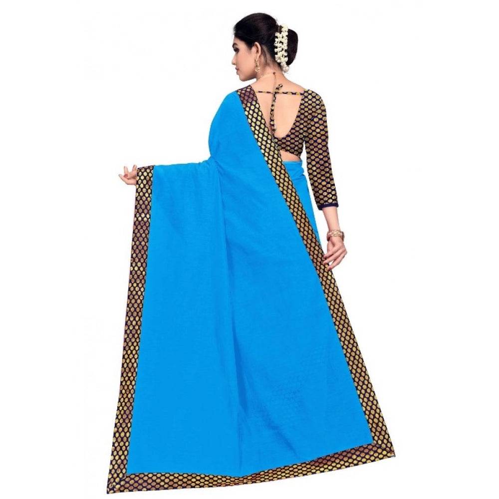 Generic Women's Chanderi Cotton Lace Border Saree With Blouse (Sky Blue, 5-6 Mtrs) - MYLUXURY LANE ENTERPRISE