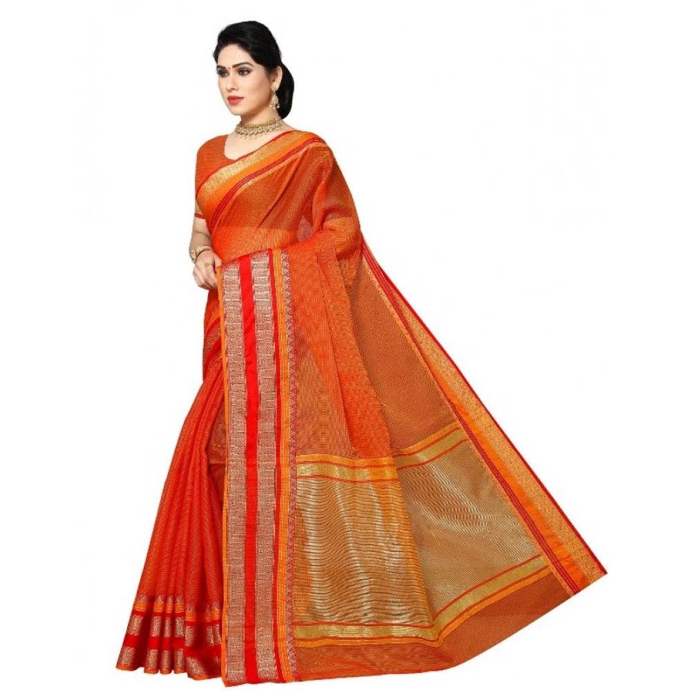 Generic Women's Kota Doria Cotton Border Saree With Blouse (Orange, 5-6 Mtrs) - MYLUXURY LANE ENTERPRISE