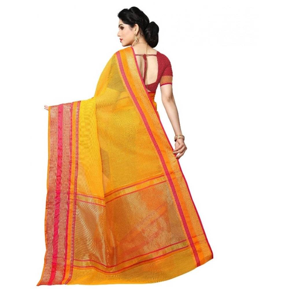 Generic Women's Kota Doria Cotton Border Saree With Blouse (Gold, 5-6 Mtrs) - MYLUXURY LANE ENTERPRISE