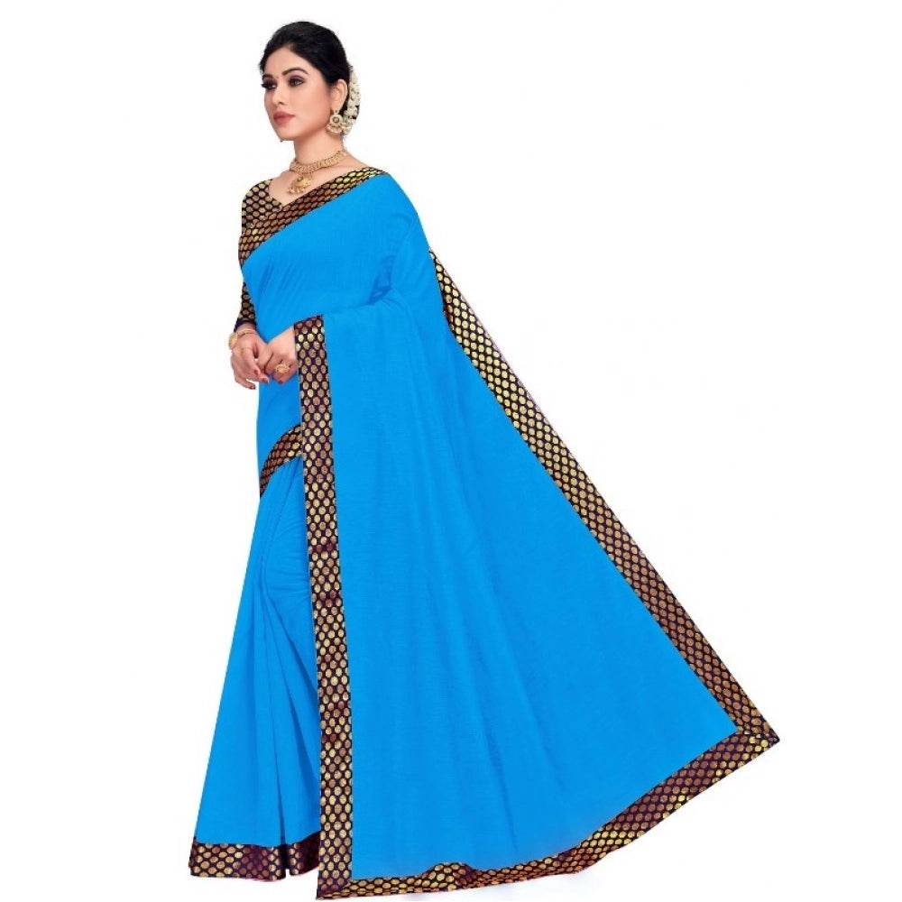 Generic Women's Chanderi Cotton Lace Border Saree With Blouse (Sky Blue, 5-6 Mtrs) - MYLUXURY LANE ENTERPRISE