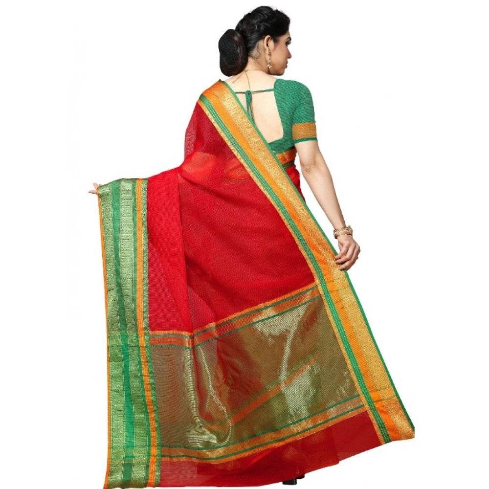 Generic Women's Kota Doria Cotton Border Saree With Blouse (Red, 5-6 Mtrs) - MYLUXURY LANE ENTERPRISE