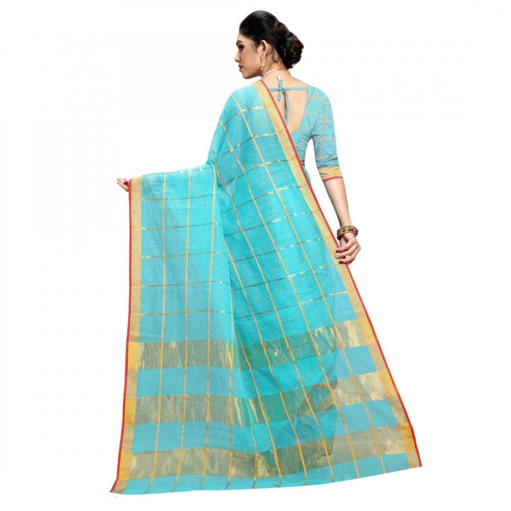 Generic Women's Kota Doria Cotton Checked Saree With Blouse (Sky Blue, 5-6 Mtrs) - MYLUXURY LANE ENTERPRISE