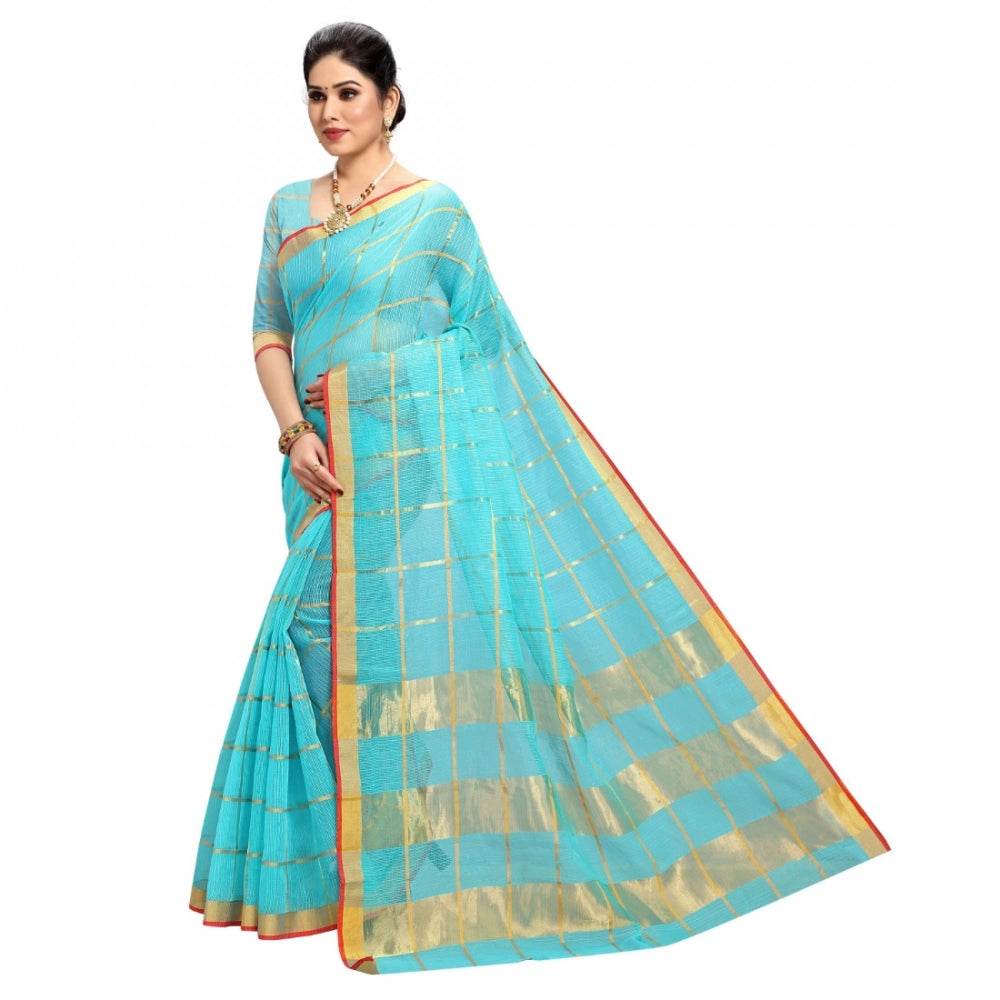 Generic Women's Kota Doria Cotton Checked Saree With Blouse (Sky Blue, 5-6 Mtrs) - MYLUXURY LANE ENTERPRISE