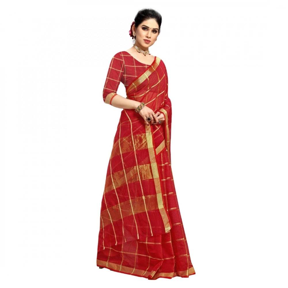 Generic Women's Kota Doria Cotton Checked Saree With Blouse (Red, 5-6 Mtrs) - MYLUXURY LANE ENTERPRISE