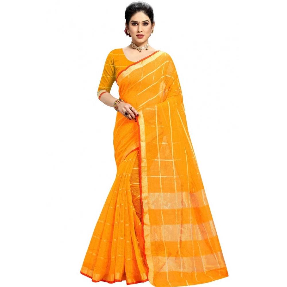 Generic Women's Kota Doria Cotton Checked Saree With Blouse (Yellow, 5-6 Mtrs) - MYLUXURY LANE ENTERPRISE