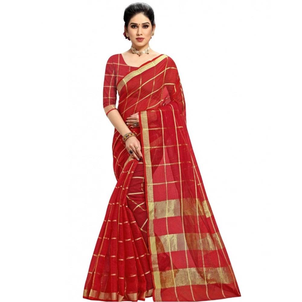 Generic Women's Kota Doria Cotton Checked Saree With Blouse (Red, 5-6 Mtrs) - MYLUXURY LANE ENTERPRISE