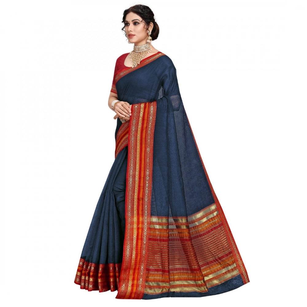 Generic Women's Kota Doria Cotton Bordered Saree With Blouse (Navy Blue, 5-6 Mtrs) - MYLUXURY LANE ENTERPRISE