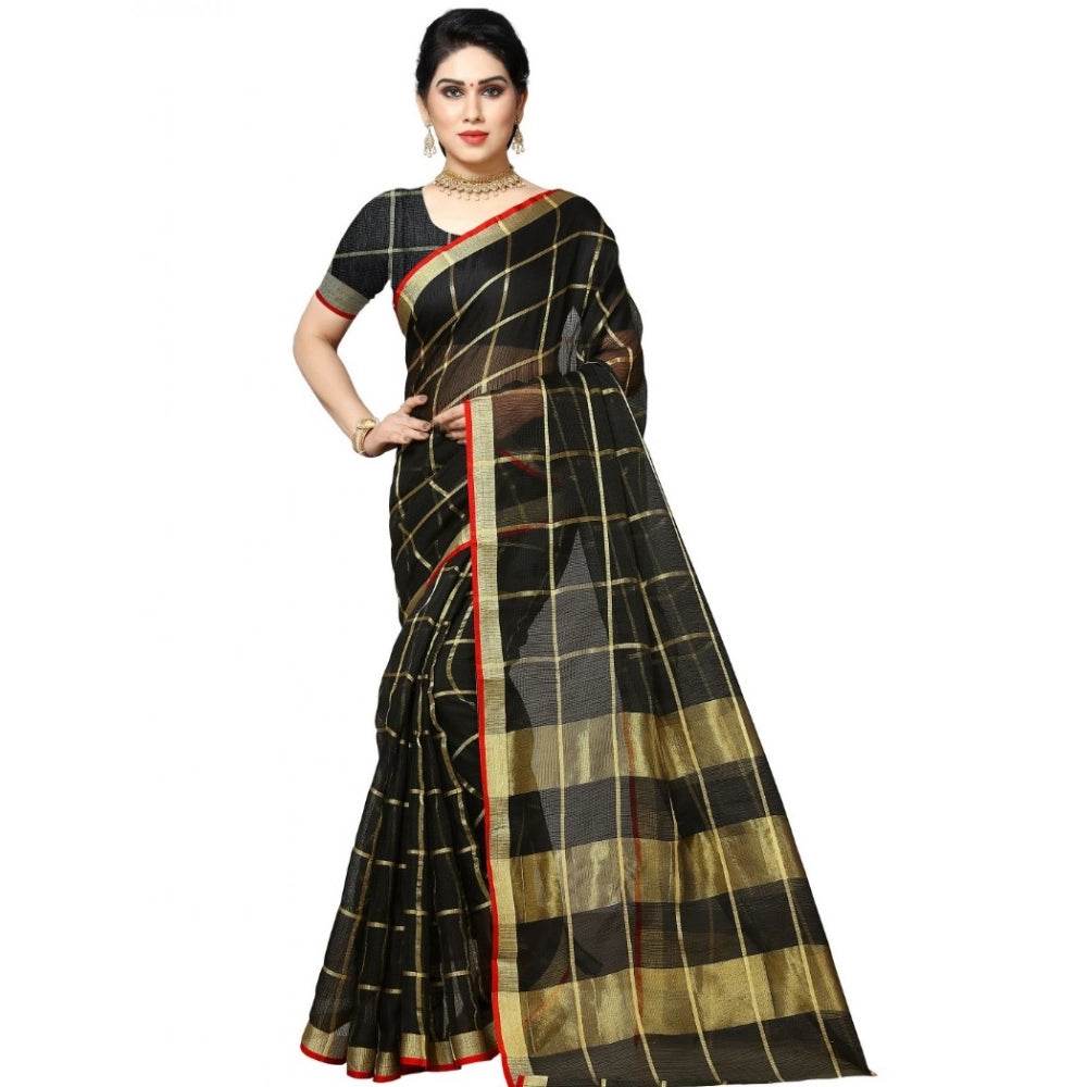 Generic Women's Kota Doria Cotton Checked Saree With Blouse (Black, 5-6 Mtrs) - MYLUXURY LANE ENTERPRISE