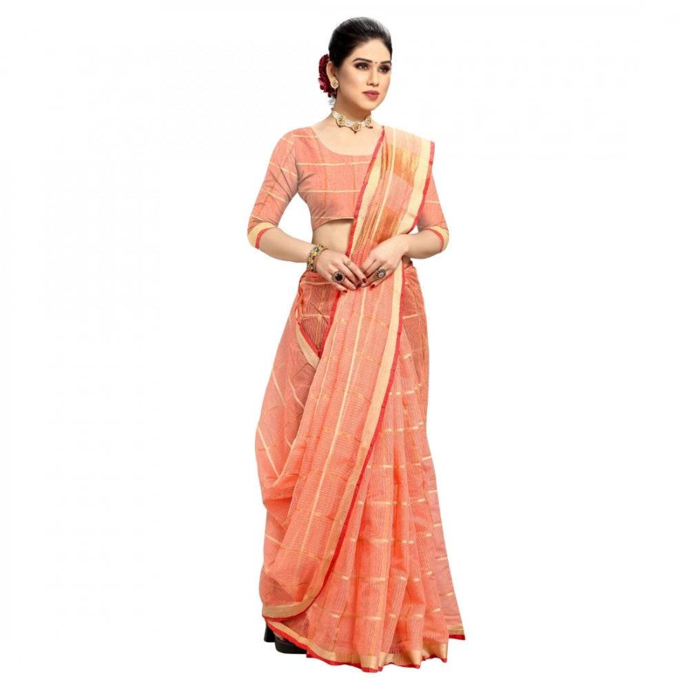 Generic Women's Kota Doria Cotton Checked Saree With Blouse (Peach, 5-6 Mtrs) - MYLUXURY LANE ENTERPRISE