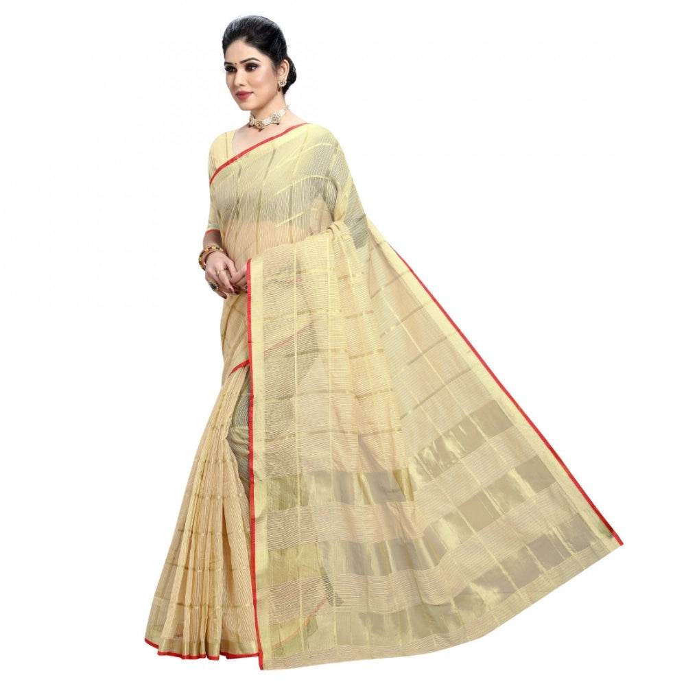 Generic Women's Kota Doria Cotton Checked Saree With Blouse (Beige, 5-6 Mtrs) - MYLUXURY LANE ENTERPRISE
