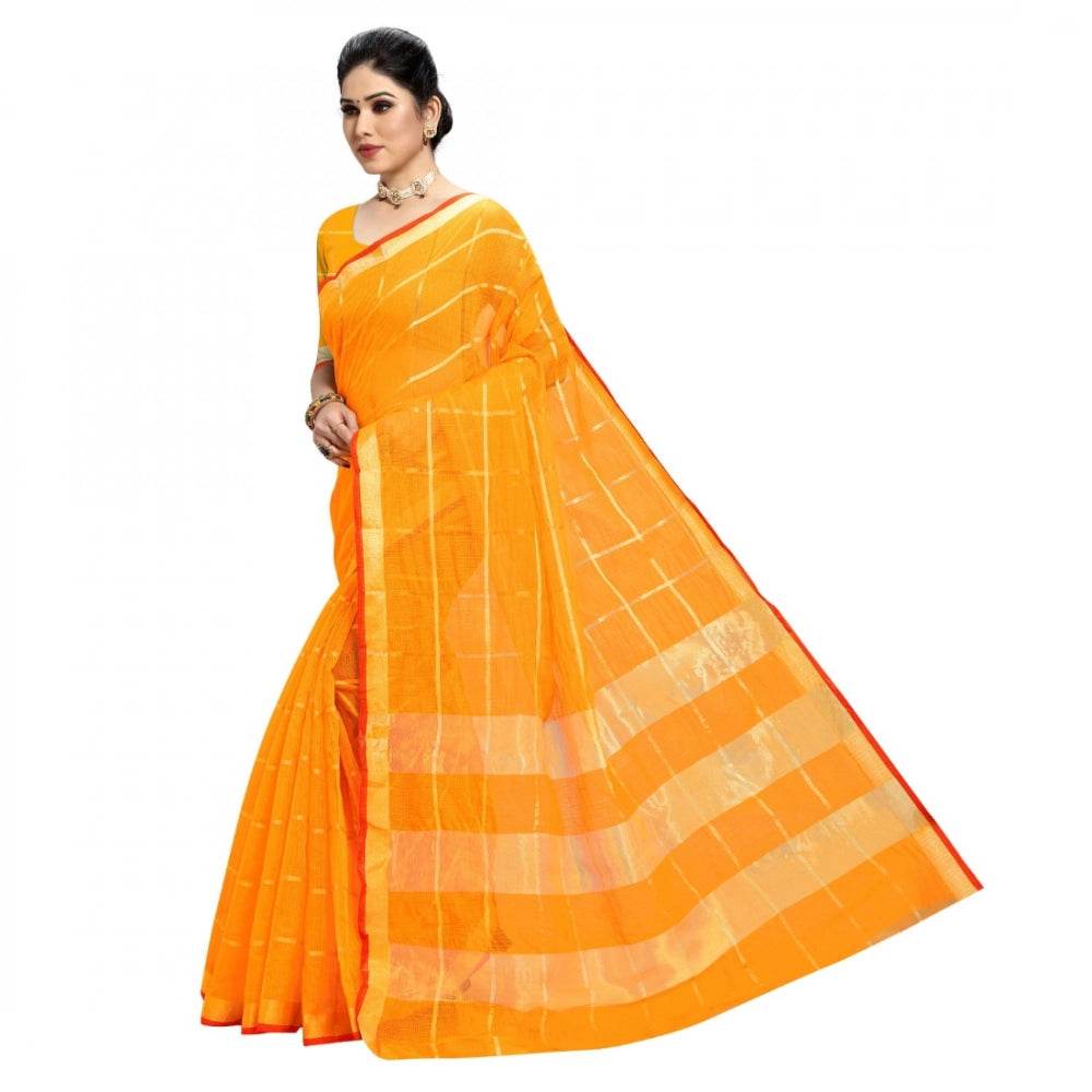 Generic Women's Kota Doria Cotton Checked Saree With Blouse (Yellow, 5-6 Mtrs) - MYLUXURY LANE ENTERPRISE