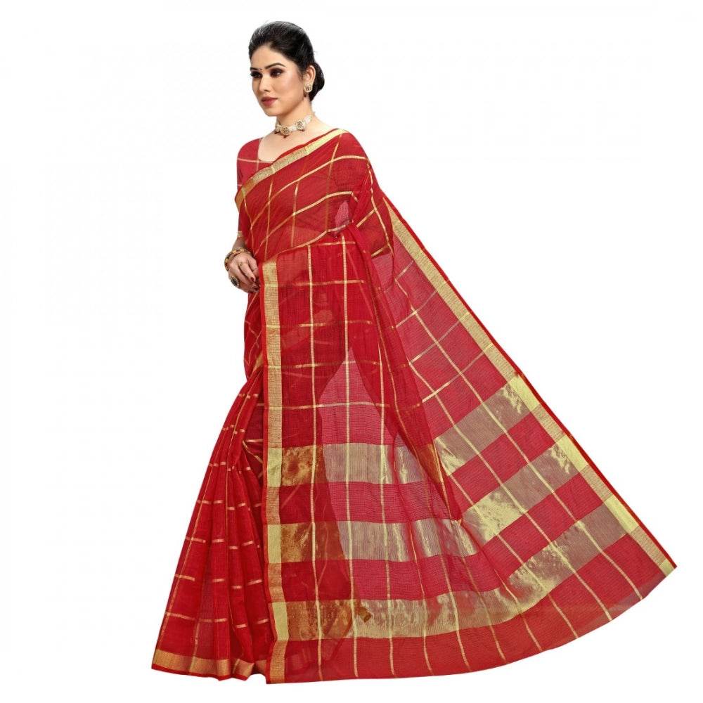 Generic Women's Kota Doria Cotton Checked Saree With Blouse (Red, 5-6 Mtrs) - MYLUXURY LANE ENTERPRISE