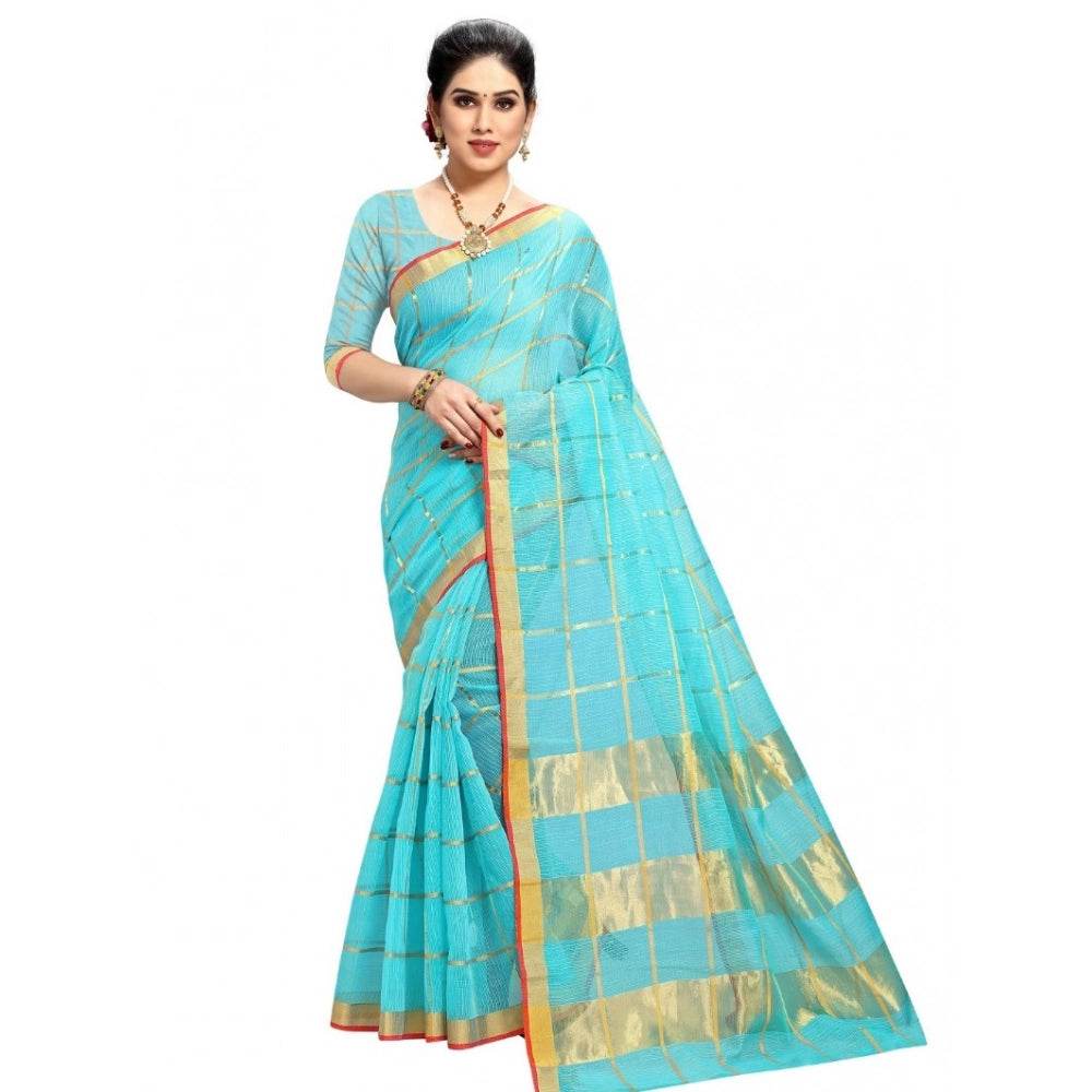 Generic Women's Kota Doria Cotton Checked Saree With Blouse (Sky Blue, 5-6 Mtrs) - MYLUXURY LANE ENTERPRISE