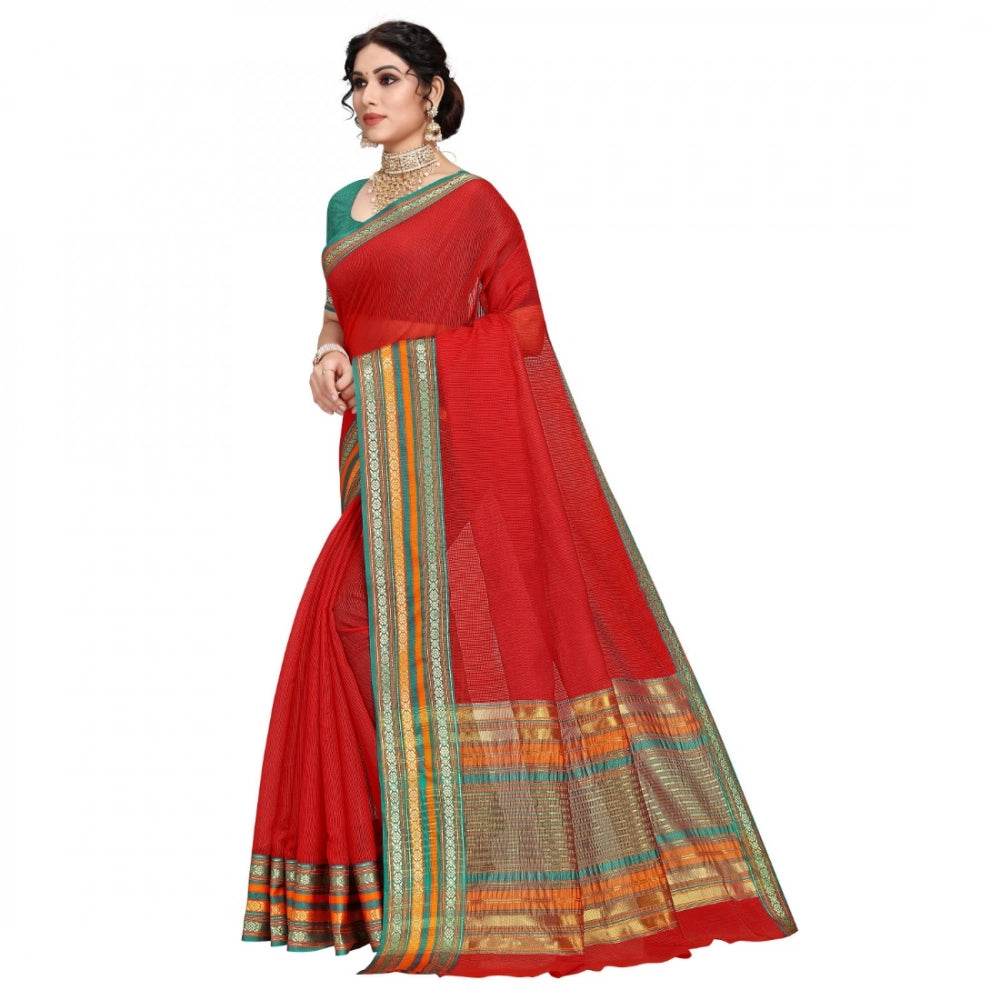 Generic Women's Kota Doria Cotton Bordered Saree With Blouse (Red, 5-6 Mtrs) - MYLUXURY LANE ENTERPRISE