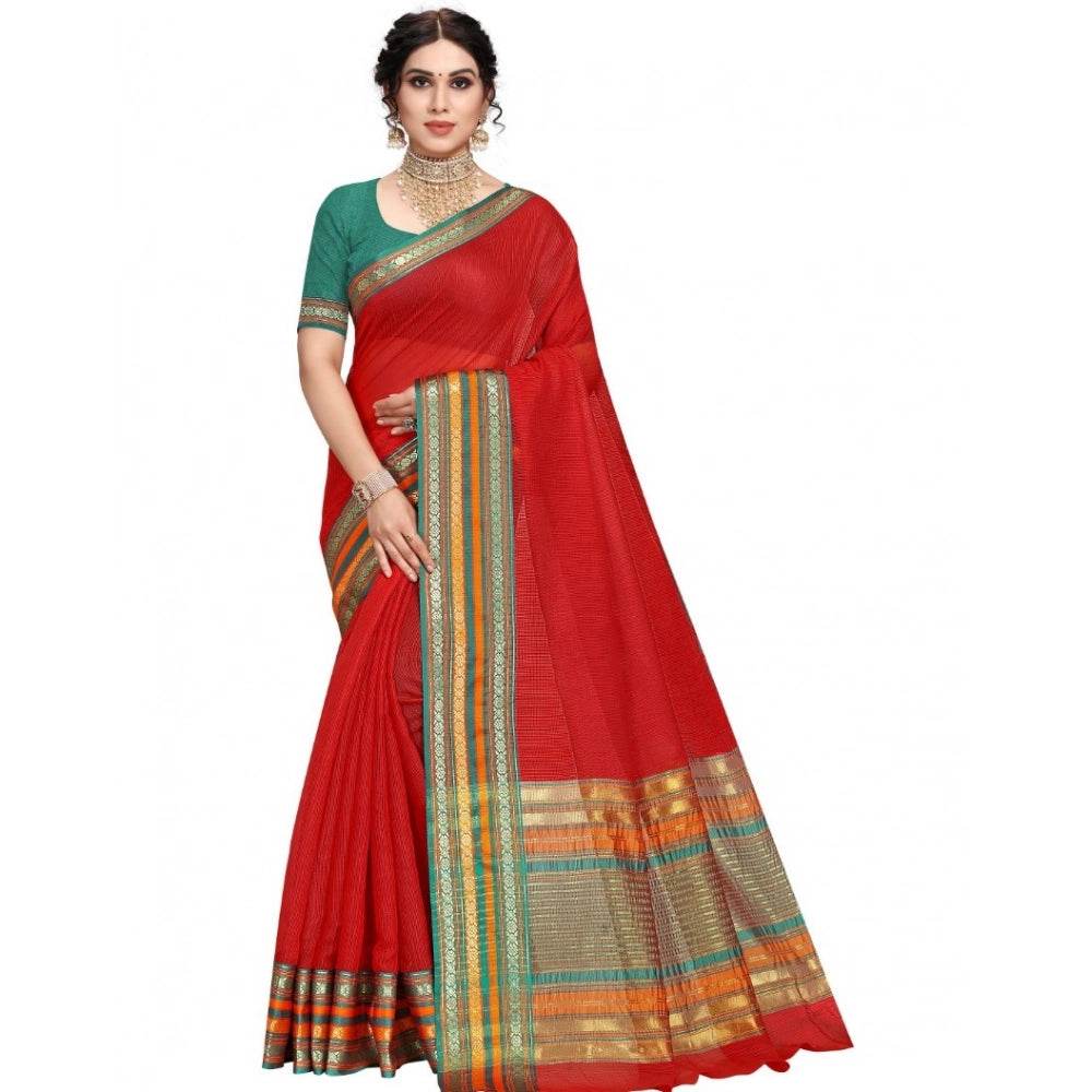 Generic Women's Kota Doria Cotton Bordered Saree With Blouse (Red, 5-6 Mtrs) - MYLUXURY LANE ENTERPRISE