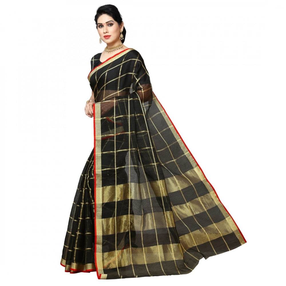 Generic Women's Kota Doria Cotton Checked Saree With Blouse (Black, 5-6 Mtrs) - MYLUXURY LANE ENTERPRISE