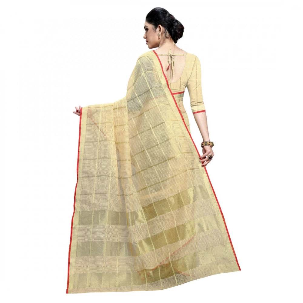 Generic Women's Kota Doria Cotton Checked Saree With Blouse (Beige, 5-6 Mtrs) - MYLUXURY LANE ENTERPRISE