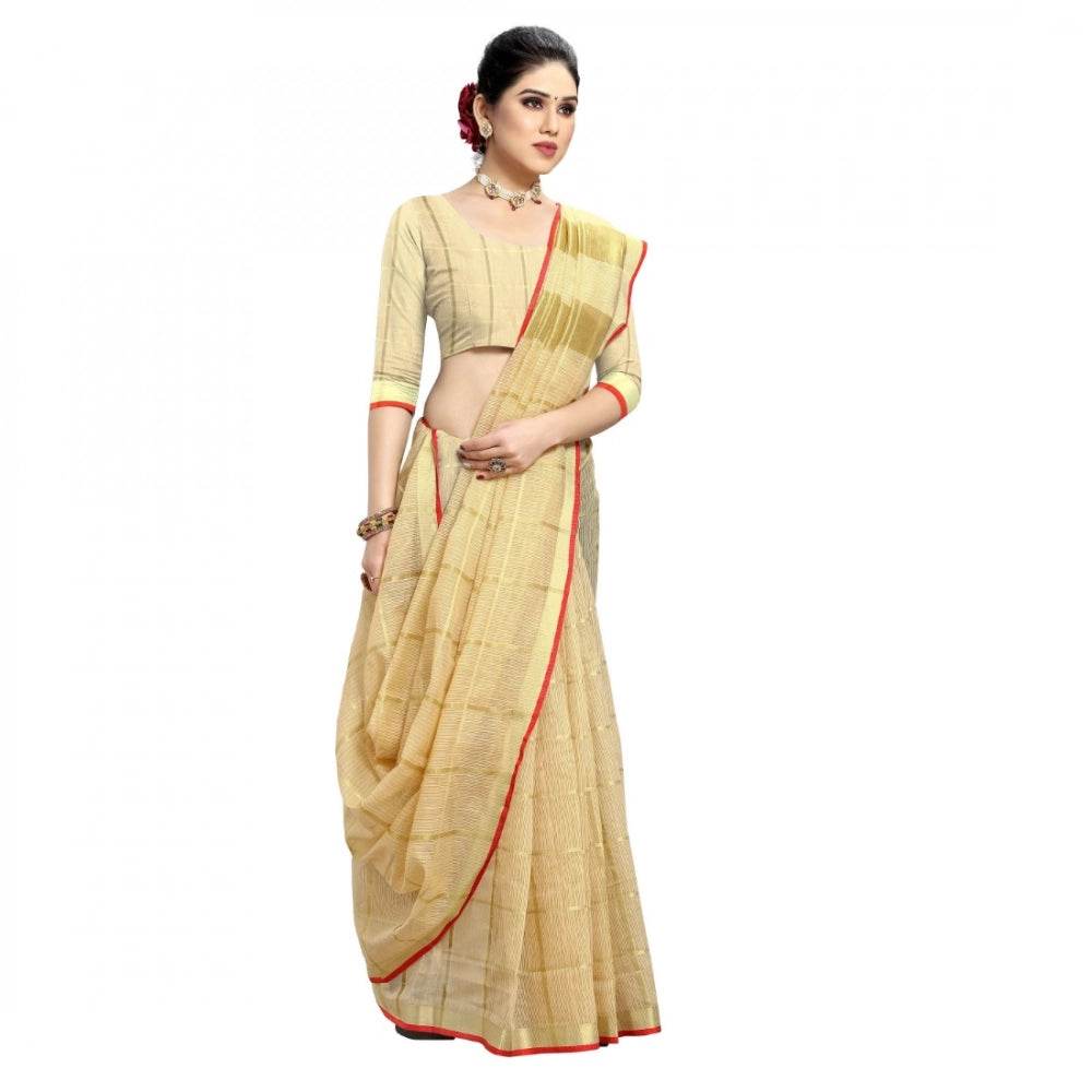 Generic Women's Kota Doria Cotton Checked Saree With Blouse (Beige, 5-6 Mtrs) - MYLUXURY LANE ENTERPRISE