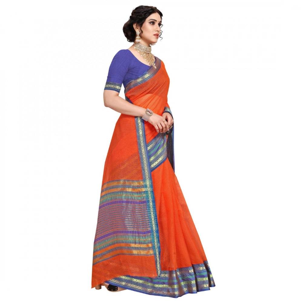 Generic Women's Kota Doria Cotton Bordered Saree With Blouse (Fanta, 5-6 Mtrs) - MYLUXURY LANE ENTERPRISE