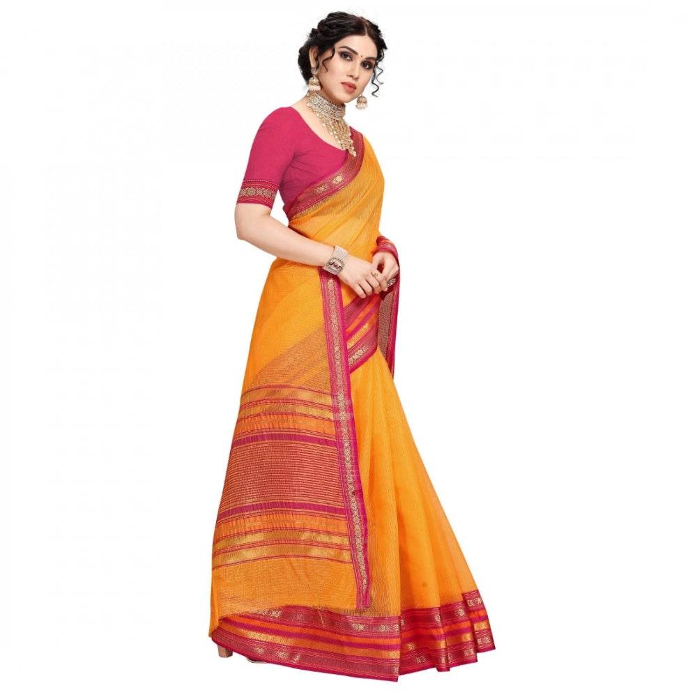 Generic Women's Kota Doria Cotton Bordered Saree With Blouse (Gold, 5-6 Mtrs) - MYLUXURY LANE ENTERPRISE