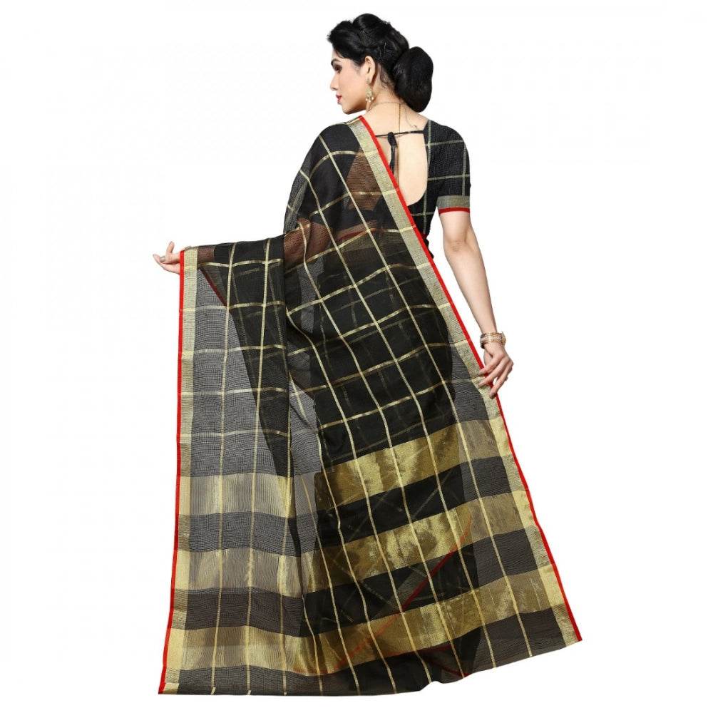 Generic Women's Kota Doria Cotton Checked Saree With Blouse (Black, 5-6 Mtrs) - MYLUXURY LANE ENTERPRISE