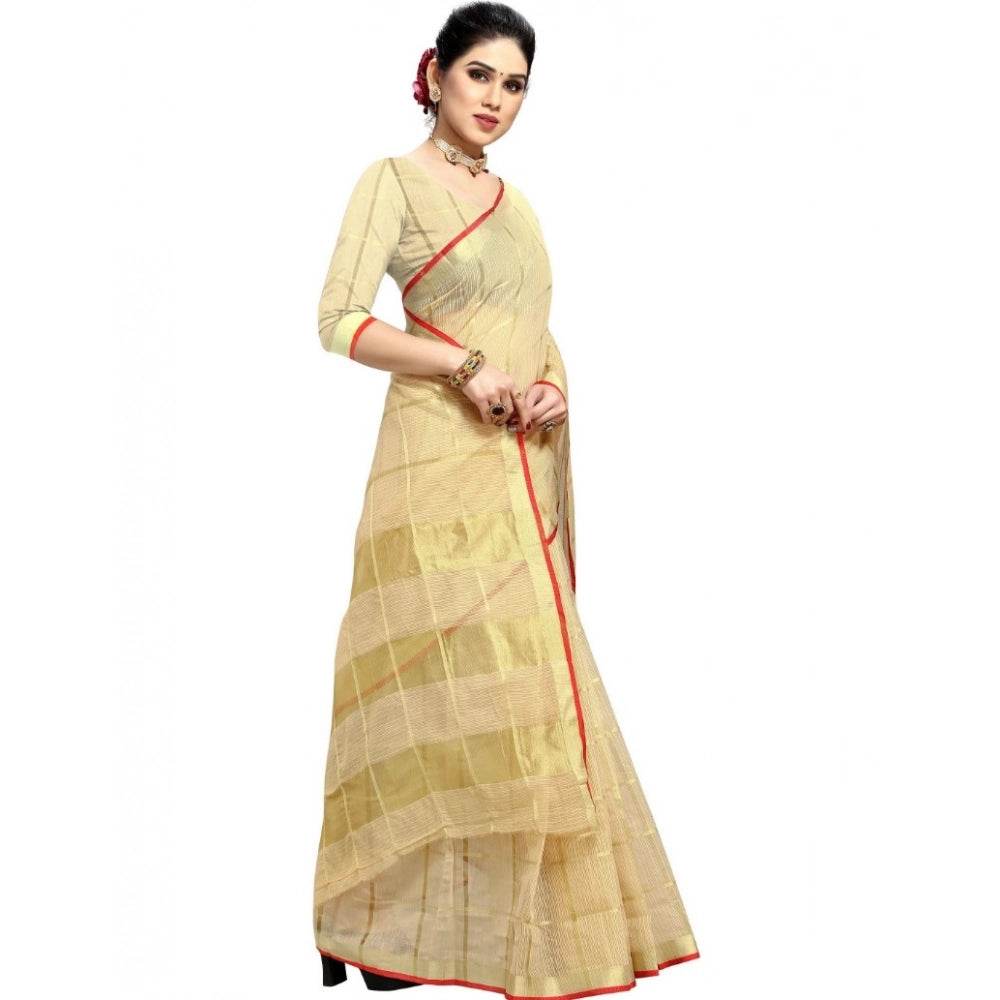 Generic Women's Kota Doria Cotton Checked Saree With Blouse (Beige, 5-6 Mtrs) - MYLUXURY LANE ENTERPRISE