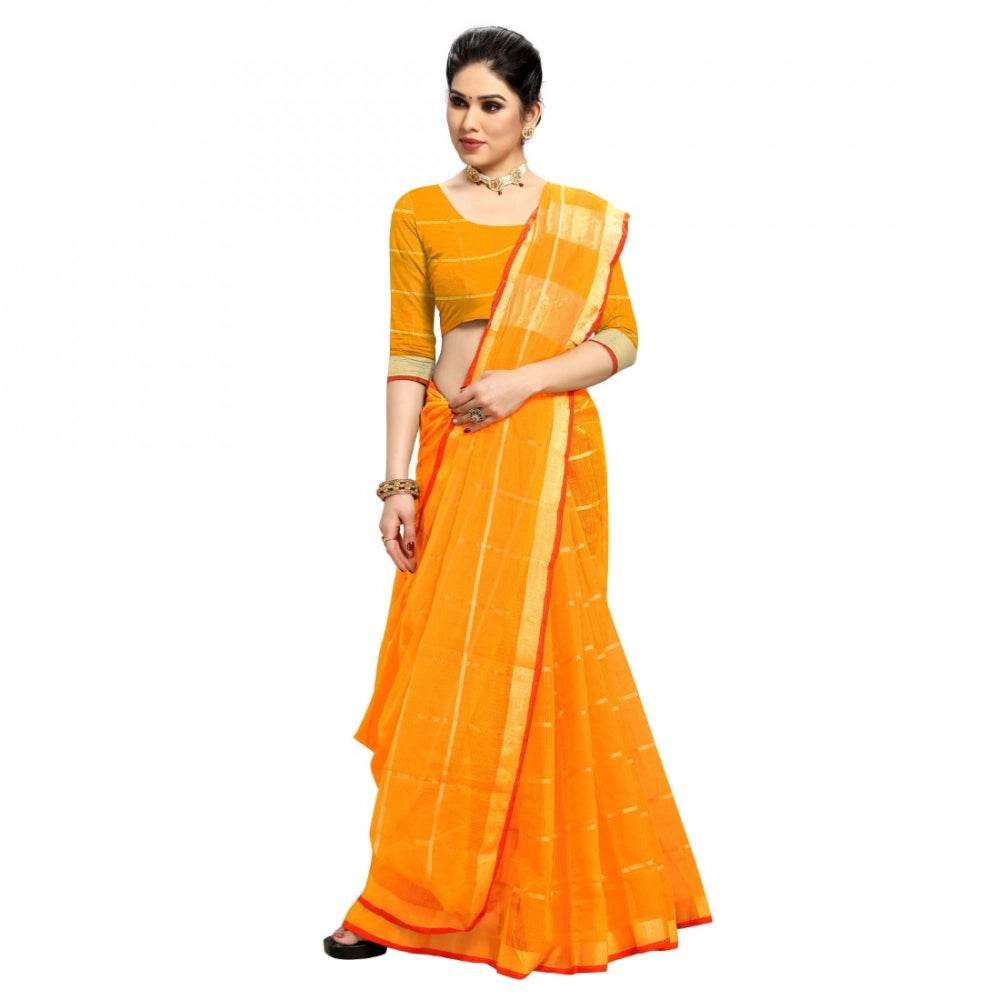 Generic Women's Kota Doria Cotton Checked Saree With Blouse (Yellow, 5-6 Mtrs) - MYLUXURY LANE ENTERPRISE