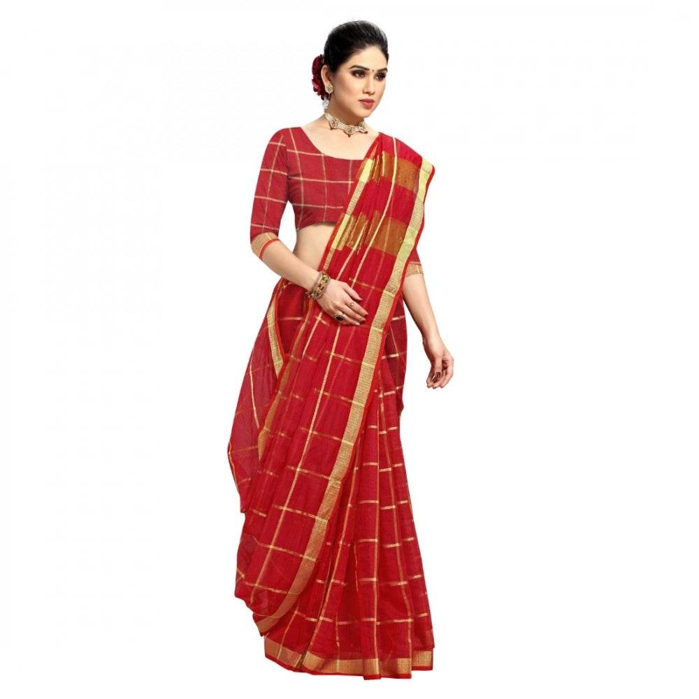 Generic Women's Kota Doria Cotton Checked Saree With Blouse (Red, 5-6 Mtrs) - MYLUXURY LANE ENTERPRISE