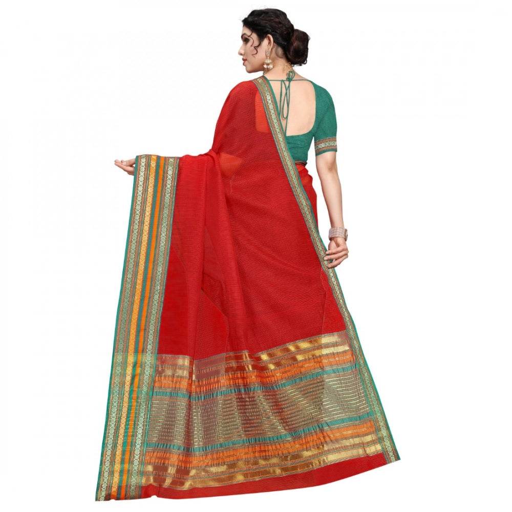 Generic Women's Kota Doria Cotton Bordered Saree With Blouse (Red, 5-6 Mtrs) - MYLUXURY LANE ENTERPRISE