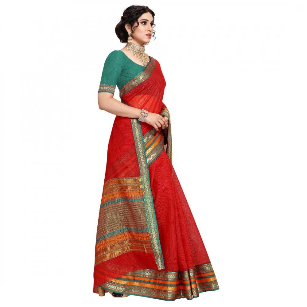 Generic Women's Kota Doria Cotton Bordered Saree With Blouse (Red, 5-6 Mtrs) - MYLUXURY LANE ENTERPRISE