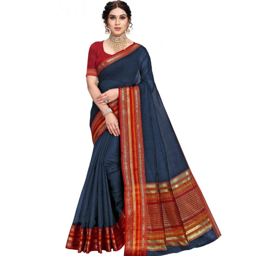 Generic Women's Kota Doria Cotton Bordered Saree With Blouse (Navy Blue, 5-6 Mtrs) - MYLUXURY LANE ENTERPRISE