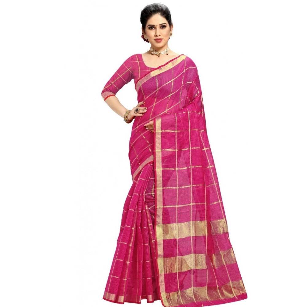 Generic Women's Kota Doria Cotton Checked Saree With Blouse (Rani, 5-6 Mtrs) - MYLUXURY LANE ENTERPRISE