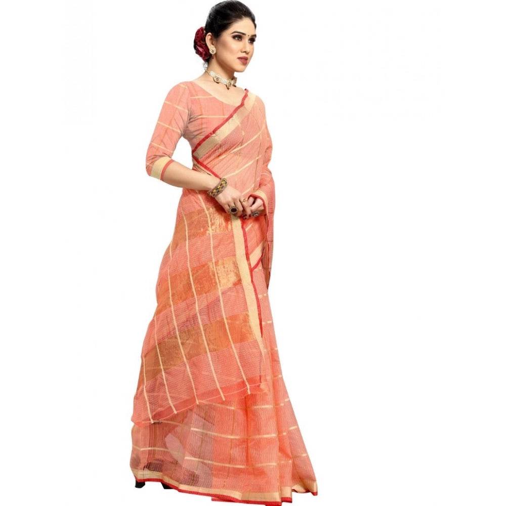 Generic Women's Kota Doria Cotton Checked Saree With Blouse (Peach, 5-6 Mtrs) - MYLUXURY LANE ENTERPRISE