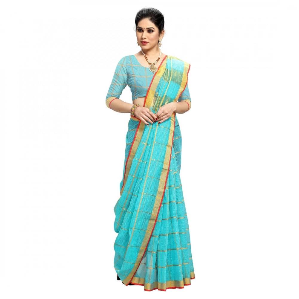 Generic Women's Kota Doria Cotton Checked Saree With Blouse (Sky Blue, 5-6 Mtrs) - MYLUXURY LANE ENTERPRISE