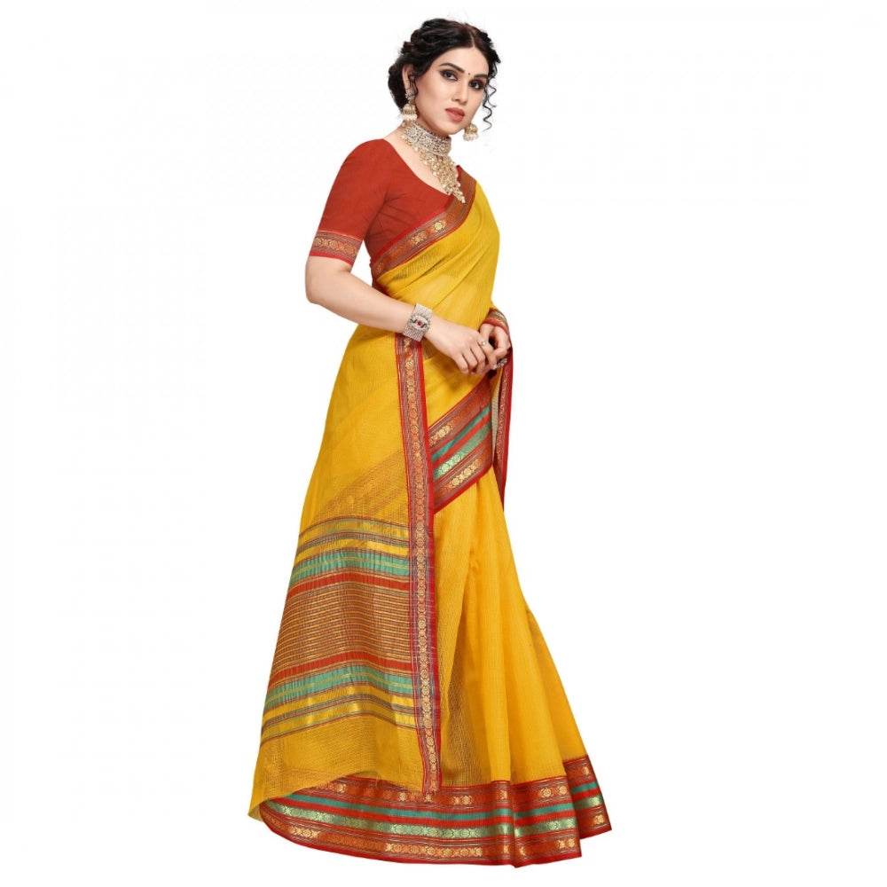 Generic Women's Kota Doria Cotton Bordered Saree With Blouse (Yellow, 5-6 Mtrs) - MYLUXURY LANE ENTERPRISE
