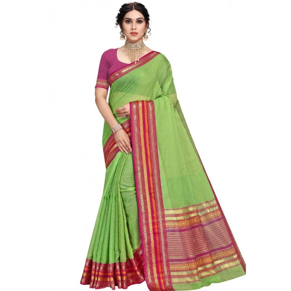 Generic Women's Kota Doria Cotton Bordered Saree With Blouse (Light Green, 5-6 Mtrs) - MYLUXURY LANE ENTERPRISE